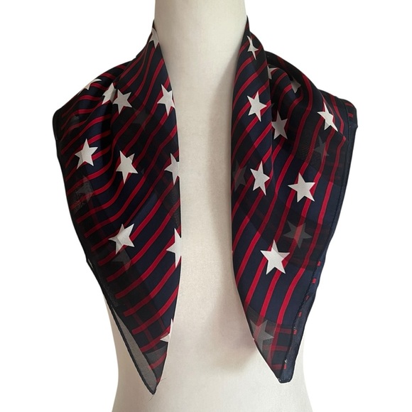Vintage Sheer Star Print Square Scarf – Red White Blue‎ – 21”x21” Patriotic - Picture 2 of 5